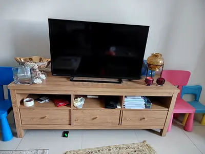 Oak TV Console with Storage - 3 Drawers, Good Condition + Toshiba LCD TV