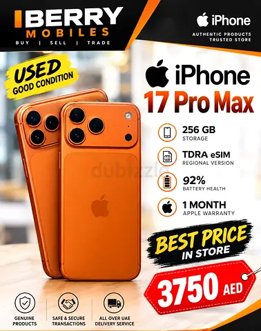 Used iPhone 17 Pro Max 256GB - Orange, 92% Battery, TDRA eSIM, 1 Month Warranty
