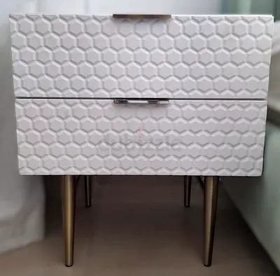 2 White textured 2-drawer nightstands / bedsides with gold metal legs
