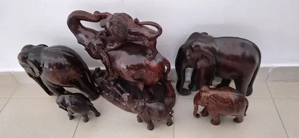 50 years old Set of Wooden Elephant Statues - Handcrafted Decorative Figurines