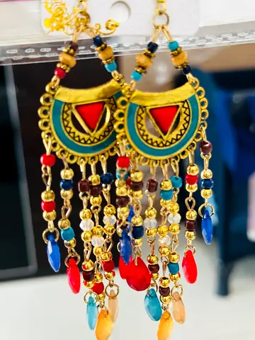 Colorful Beaded Tribal Dangle Earrings - Gold Tone