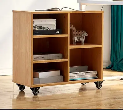Compact Oak Mobile Storage Shelf with Casters