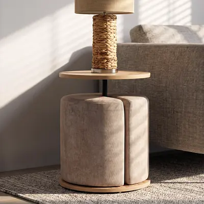 New Trent Round Side Table with Upholstered Stool