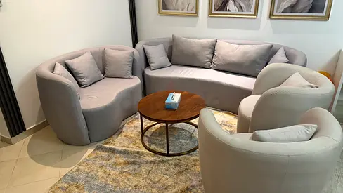 Light grey & beige curved 4-piece living room sofa set (NOT including coffee table)