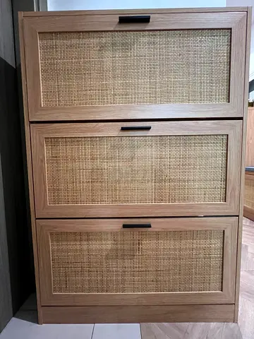 3-Drawer Rattan-Front Shoe Rack / Cabinet in Oak Finish