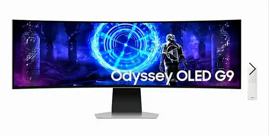 Samsung 49-inch ultra-wide curved gaming monitor featuring a QD-OLED panel and built-in smart TV