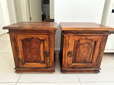 Pair of solid wood bedside cabinets / nightstands - rustic finish