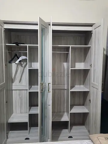 2-Door Wooden Wardrobe with Shelves and Hanging Rail - Light Grey - 2 sections (total 4 door)