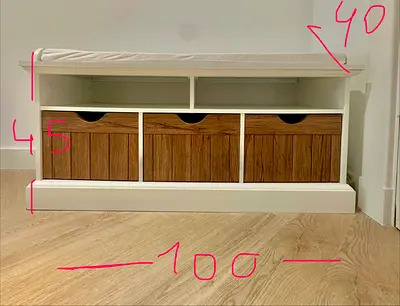 Cushioned Bench + Wall Shelf Set, 3 Baskets Each — White Wood, 100cm