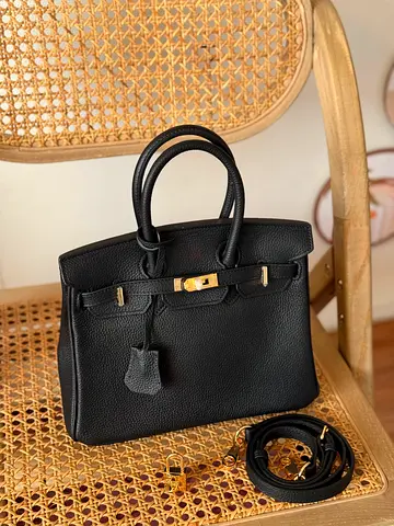 Hermes Black Structured Leather Handbag with Gold Hardware