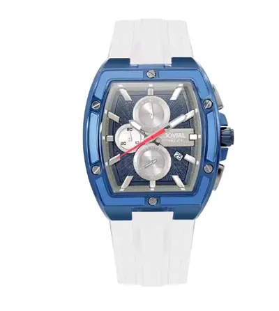 JOVIAL WATCH 18525GBRC61E Blue Chronograph Watch with White Rubber Strap