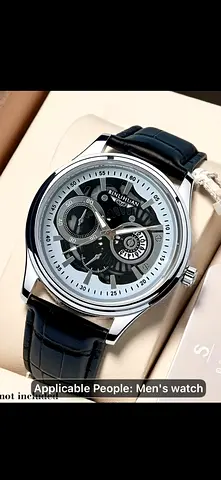 Men's automatic black leather strap wrist watch - silver case