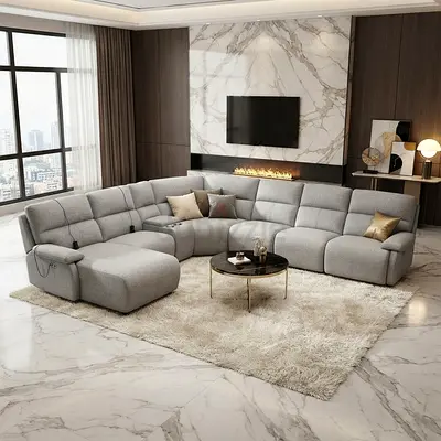 Large L-shaped Grey Fabric Recliner Sofa — Modern Sectional (Like New)