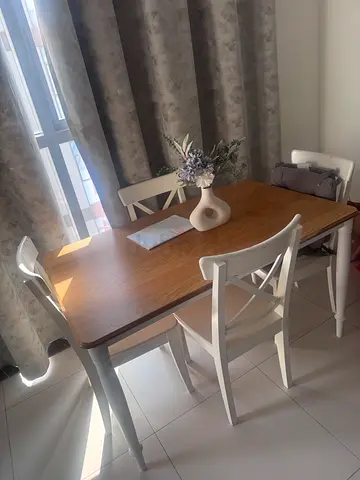 Wooden dining table with 4 white chairs - good condition