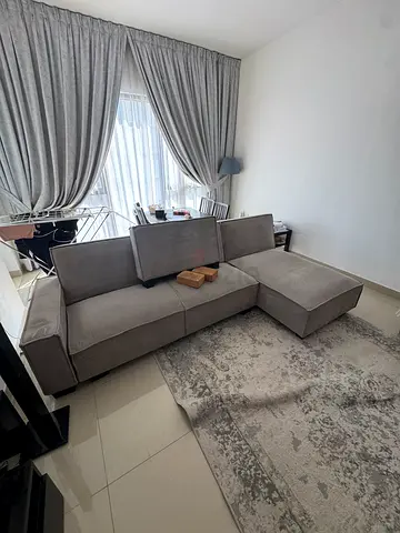 Grey L-shaped Fabric Sofa - Good Condition