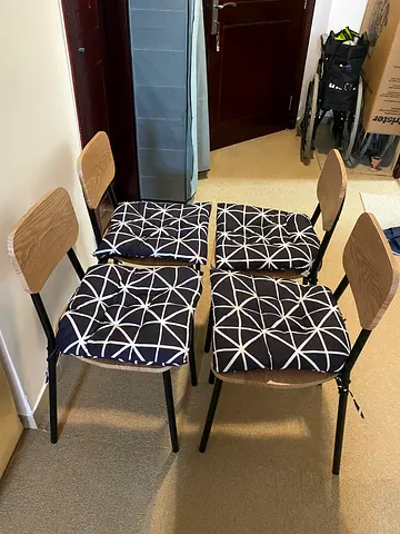 Throwaway price! Set of 4 Black & Wood Dining Chairs with Cushions