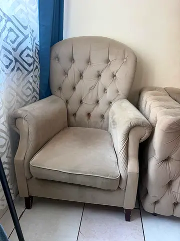 Beige Tufted Armchair — Single Upholstered Accent Chair