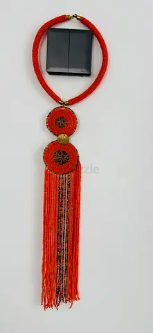 Handmade Orange Beaded Long Tassel Necklace with Pendant and matching earrings