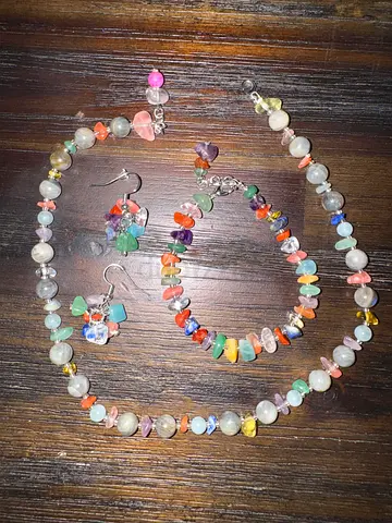 Handmade 7 chakras gemstone necklace, bracelet and earring set with aquamarine and  labradorite!