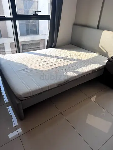 Grey fabric double bed frame with mattress - good condition
