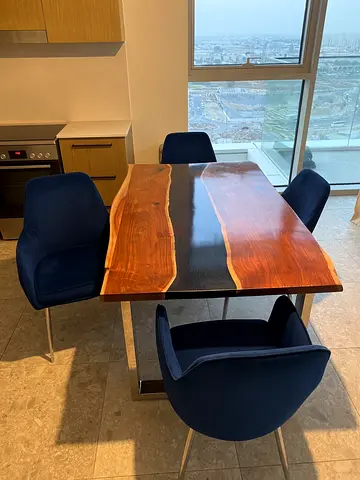Live Edge Wood and Resin Dining Table with 4 Blue Velvet Chairs