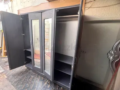 Black 4-Door Wardrobe with Mirrors, Hanging Rail and Shelves
