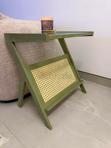 Modern Olive Green Side Table with Rattan Magazine Rack (2x)