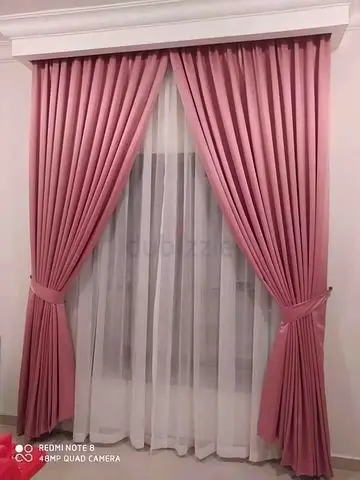 Pair of Pink Fabric Curtains with Sheer White Net — Excellent Condition