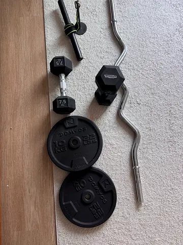 Technogym dumbbells, EZ curl bar and weight plates set
