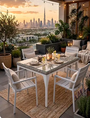 White Outdoor Dining Table with 6 Chairs — Glass Top, Good Condition