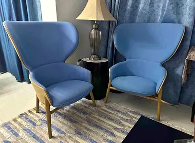 Pair of Modern Blue Accent Armchairs with Wooden Frame