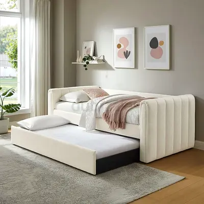 Beige Upholstered Trundle Daybed with Pull-Out
