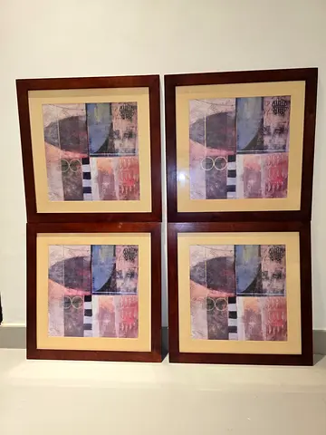 Set of 4 Framed Abstract Wall Art Prints — Wooden Frames, Ready to Hang