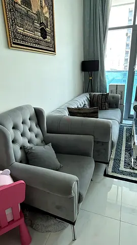 Grey velvet sofa set with armchair — good condition