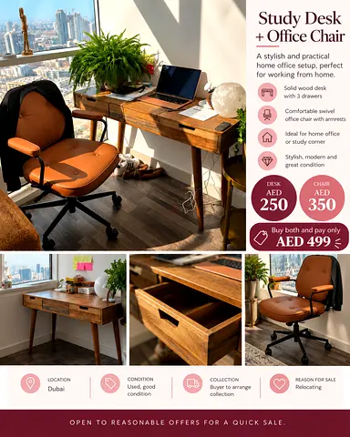 Solid Wood Study Desk with Swivel Office Chair - Good Condition