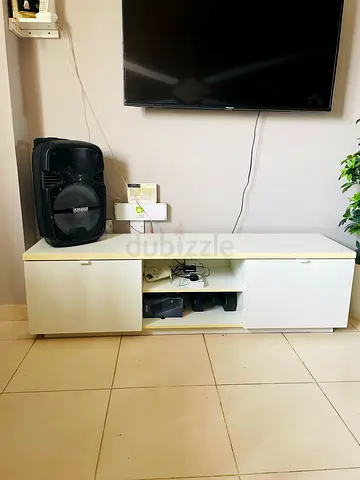 White low TV cabinet / entertainment unit - 2 doors, open shelves
