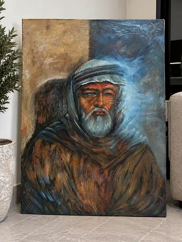 Large Oil Painting of Elderly Man in Traditional Robes