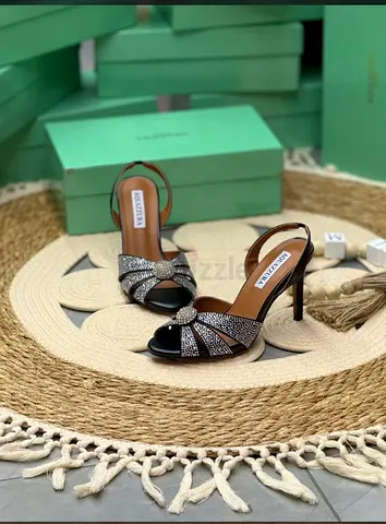 Black crystal-embellished evening sandals, size available