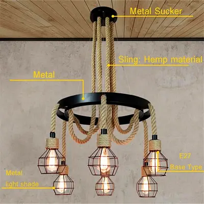Industrial Rope Hemp Chandelier Pendant Light - 5 Bulb