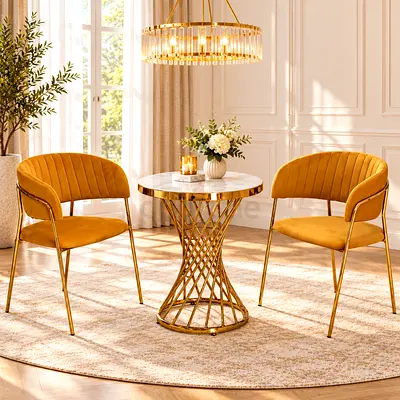 Luxury 2 Seater Dining Table Set - Round Table with Gold Velvet Chairs