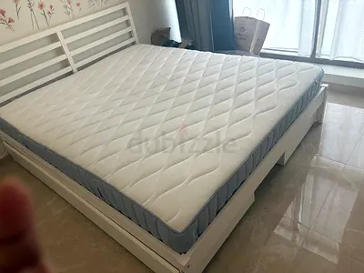 Queen size wooden bed frame with mattress - white - with drawers on both sides; nightstan included