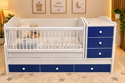 White and Blue Convertible Baby Crib with Drawer & Changing Dresser