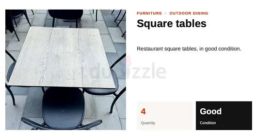 Set of 4 Square Restaurant Tables - Good Condition