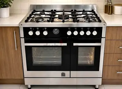 Stainless Steel 90cm Dual-Fuel Range Cooker with Double Oven and 5 Burners