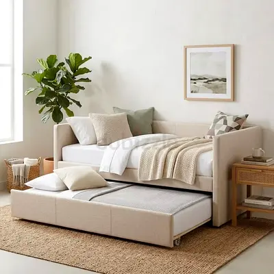 Beige Fabric Daybed with Trundle - Compact Sofa Bed