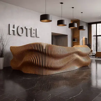 Unique Sculptural Wooden Reception Desk — Modern Hotel Front Desk/ hotel reception/ office reception