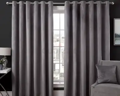 Pair of Grey Velvet Eyelet Curtains - Blockout, 4panels