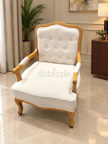 Classic Beige Upholstered Armchair with Wooden Frame