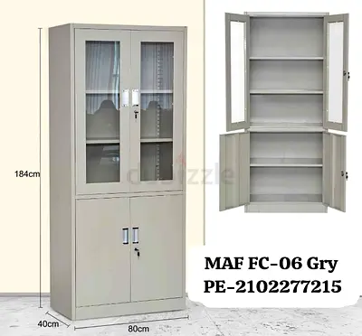 Metal Storage Cabinet with Glass Top Doors and Lockable Bottom Cupboard