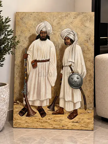 Vintage-style oil painting of two Arab guards in traditional dress